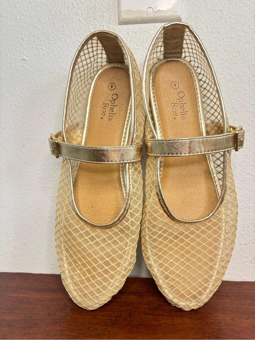 OPHELIA ROE GOLD MESH BELTED BALLERINA FLATS SZ 8